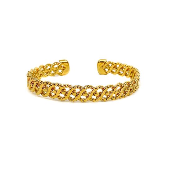 Open Cuff Bracelet Textured Open Work Cut Out Design Shiny Gold Tone Narrow - Picture 8 of 11